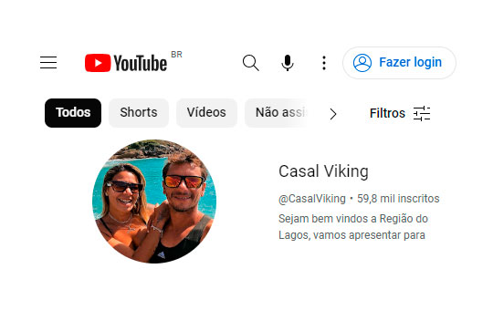 Tela inicial do Canal Casal Viking, no Youtube